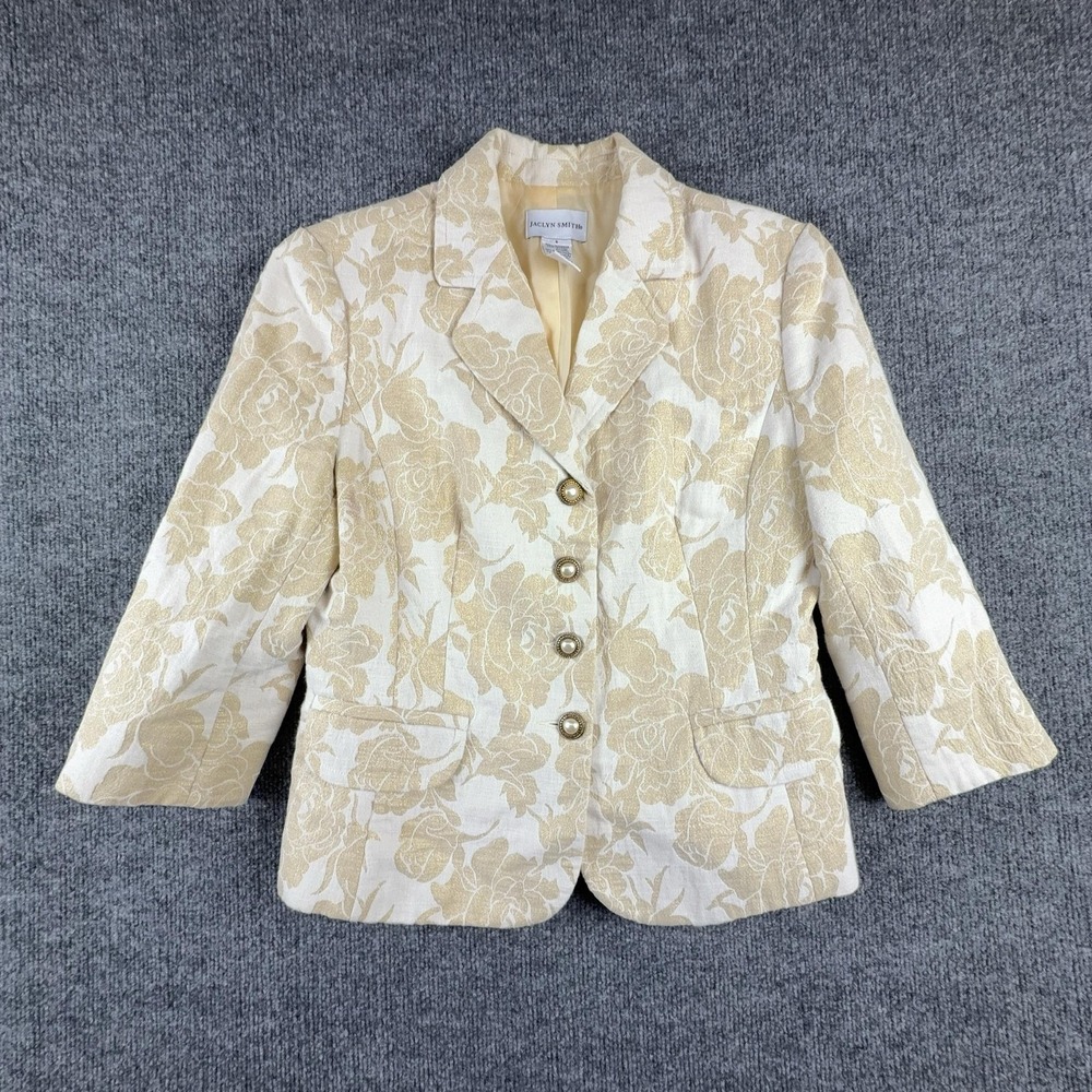 Jaclyn Smith Blazer Womens 8 Gold Floral Brocade 4 Button Lined Jacket